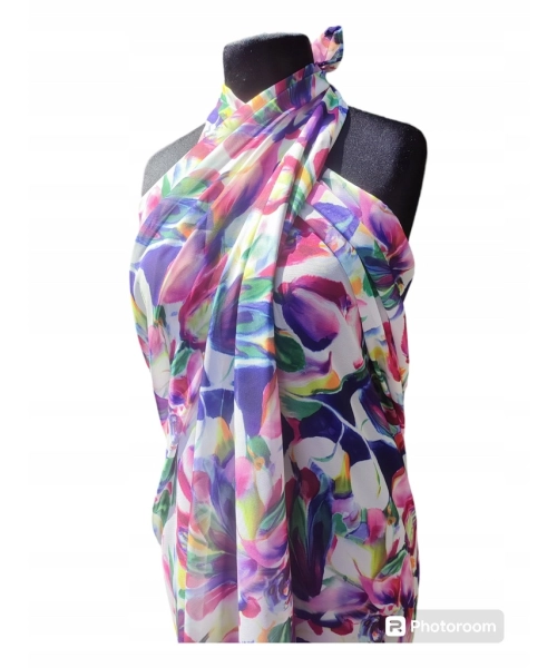 Duża sukienka plażowa - eleganckie PAREO XXL szyfon fioletowe kwiaty